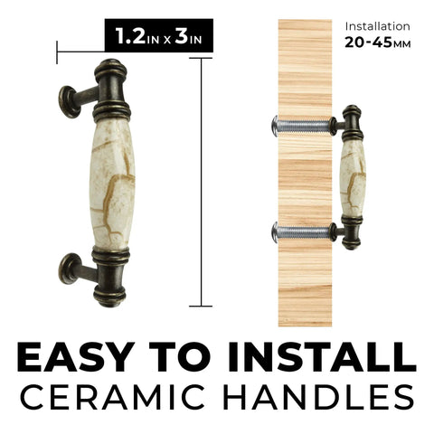 Straight Up Premium Set Of Twenty Antique Brass Cabinet Drawer Pulls Featuring Real Deal Brown Marble Ceramic Handles And Three Inch Screw Spacing For Home Makeovers, 1.2 inch by 3 inch size with installation details.