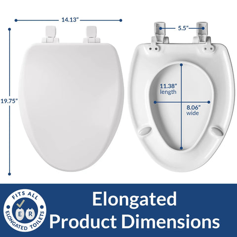 Slow Close Toilet Seat With Easy Clean Hinges And Adjustable Perfect Fit Wood, Elongated White, Made In USA, dimensions shown