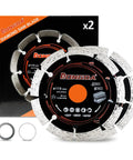 Four Point Five Inch Segmented Diamond Saw Blades Two Pack Angle Grinder Discs on display with reducing rings for cutting.