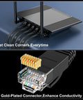 Cat6 Ethernet Cable 100 Ft Indoor Outdoor Rock Solid High Speed 10Gbps Pure Copper Flat Patch Cable showing clean installation corners and close-up of connector