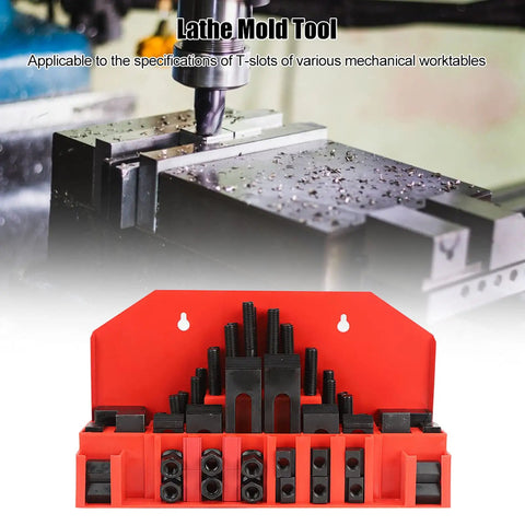 58 Piece Heavy Duty T Slot Clamp Kit With Stepped Press Plates for Lathe Milling Machine and CNC, red organizer display