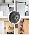 Door Pulley Roller Two Pack Sliding Barn Door Wheels With U Shape Easy Install Pro Grade Zinc Alloy And Nylon Construction Slick Silent Glide Durable Hardware For Residential Barn And Interior Doors, black roller close-up