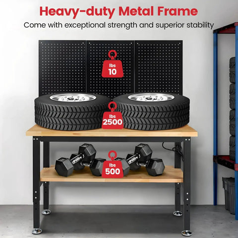 Top Shelf 48 Inch Adjustable Workbench With Thick Rubberwood Top And Knockout Steel Frame Including Pegboard Storage Rack Plus Built In Power Outlet For Weekend Woodworking