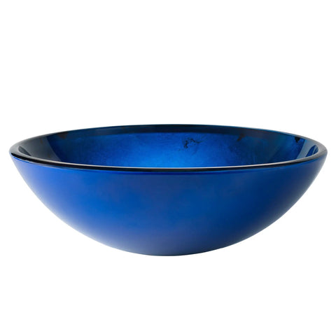 Round Blue Glass Vessel Bathroom Sink For Above Counter Installations With Easy To Clean Smooth Interior Durable Scratch Resistant Surface GV204