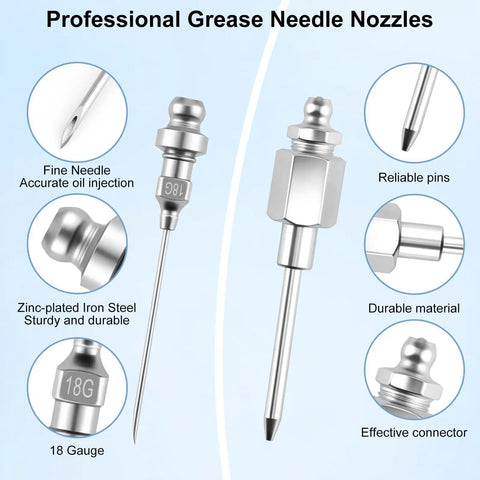 Close-up of Eight Piece Grease Gun Tips Kit with needle nozzles, zinc-plated iron steel, for precise lubrication and tight spaces.