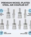Built Tough Stainless Steel Air Fittings 5 Pack Set With Heavy Duty Pneumatic Quick Connect Couplers And Easy Install Plugs shown from the front.