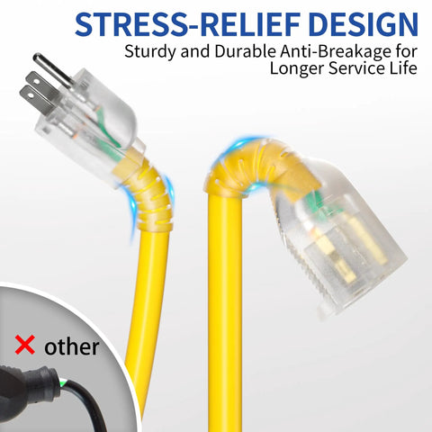 Heavy Duty 50 Foot Extension Cord With Lighted End For Indoor And Outdoor Use 10 Gauge Three Conductor Yellow Power Cable 15 Amp 125 Volt Oversized Plug And Receptacle For Safer Reliable Power Delivery, yellow cord with plug and lighted end