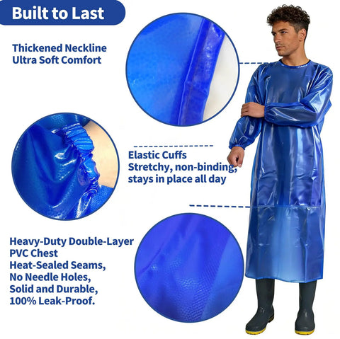 Man wearing Tough As Nails Heavy Duty Chemical Resistant Apron With Sleeves For Oil And Acid, Waterproof PVC, Royal Blue, Size S M