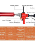Front view of Beefy Diamond Core Drill Rig Handheld Wet And Dry Core Drilling Machine with red body and water pump kit.