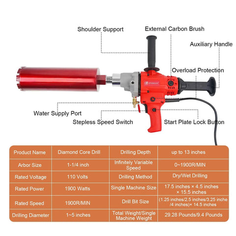 Front view of Beefy Diamond Core Drill Rig Handheld Wet And Dry Core Drilling Machine with red body and water pump kit.