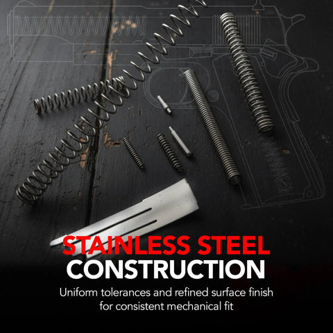 Stainless Steel Spring and Pin Replacement Kit For 1911 Style Platforms, springs and pins on dark surface, close-up view
