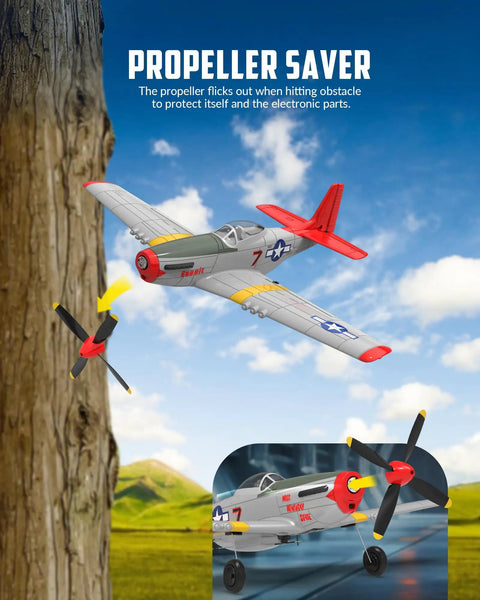 4 Channel RC Plane With 6 Axis Gyro, Easy To Fly For Beginners And Adults, Aerobatics Ready, red P51D Mustang in flight