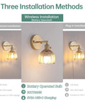 Vintage Rechargeable Wall Sconce Set With Amber Tulip Glass Shade And Wireless Remote For Zero Wiring Bedroom Decor Straight Up Easy Peasy Install showcasing three installation methods: hardwired, wireless, and plug-in.