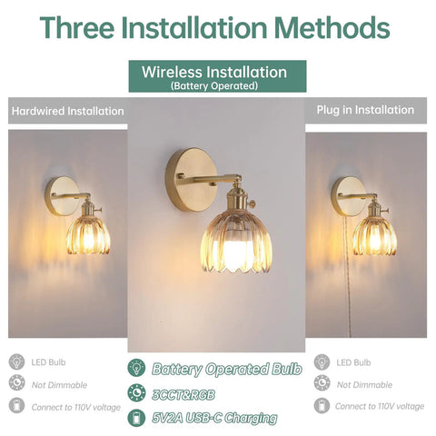 Vintage Rechargeable Wall Sconce Set With Amber Tulip Glass Shade And Wireless Remote For Zero Wiring Bedroom Decor Straight Up Easy Peasy Install showcasing three installation methods: hardwired, wireless, and plug-in.
