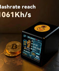 Upgraded All-In-One Bitcoin Miner and Smart Crypto Clock with 1060 KHs Solo Mining, 1.54 inch display showing data and crypto coins.