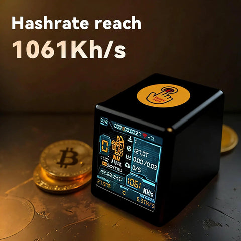 Upgraded All-In-One Bitcoin Miner and Smart Crypto Clock with 1060 KHs Solo Mining, 1.54 inch display showing data and crypto coins.