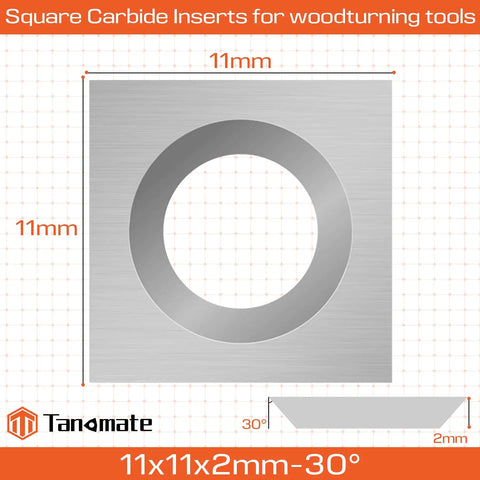 Rock Solid 11mm Square Carbide Roughing Inserts With Mounting Screws For Mini Woodturning Lathes, showing 11mm square cutter with a central hole.