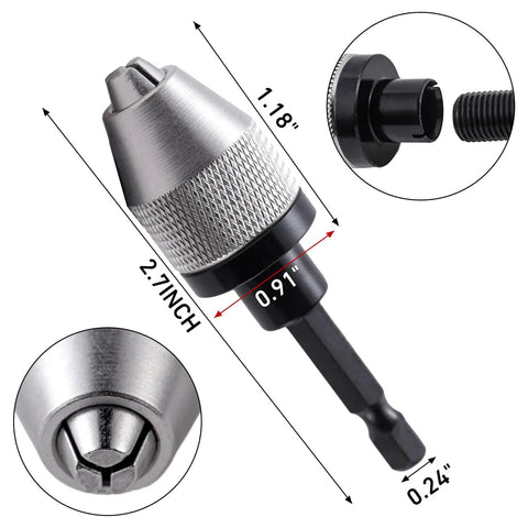 Fast Change Drill Chuck Converter Extension for Impact Drivers And Hand Tools, 1/4 Inch Hex Shank, 0.3-6.5 mm Attachment