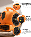 Quarter Horsepower 1100 CFM Air Mover Blower Fan, orange, with three-speed control, grip handle, and timer for carpet drying.