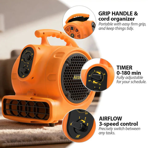 Quarter Horsepower 1100 CFM Air Mover Blower Fan, orange, with three-speed control, grip handle, and timer for carpet drying.