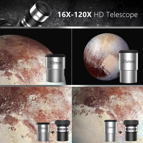 Zoom lenses showcasing 16X-120X HD telescope magnification, includes images of celestial bodies for Beginner Friendly 70mm Aperture 400mm Focal Refractor Telescope With AZ Mount Extending Tripod Phone Adapter And Carrying Bag For Easy Night Sky Viewing And Learning.