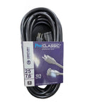 Heavy Duty 25 Foot Outdoor Extension Cord With Waterproof Male Female Plugs And Flexible Copper Construction in packaging.