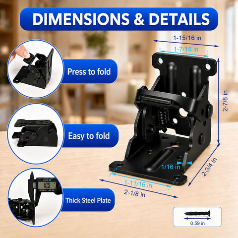 Rock Solid Folding Brackets 8 Pack Heavy Duty Self Locking Hinges With Screws Built Tough Extendable Support Braces For Table Legs Bed Frames And Workbenches Matte Black Finish detailed image showing dimensions and foldable design.