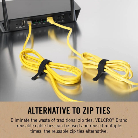 Eco Friendly 5 Inch Small Cable Tie Straps Black Three Eighths Inch Wide Reusable Cord Ties 50 Pack securing yellow cables