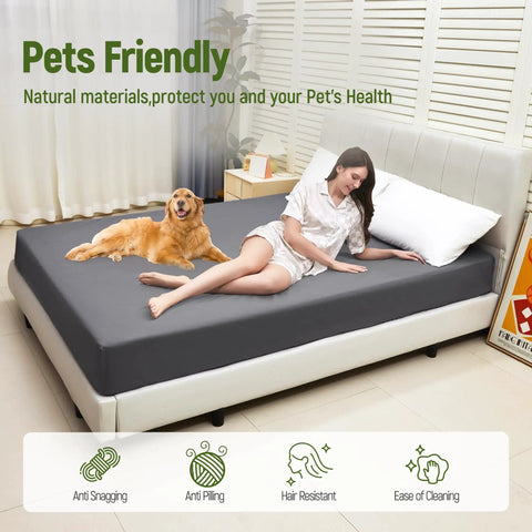 Grounding Sheets Queen Size With 10 Percent Silver Fiber And 90 Percent Organic Cotton Fitted Deep Pocket Bed Kit, gray sheet on bed with woman and dog