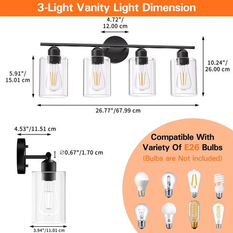 Dimensions and bulb compatibility for 4 Light Black Bathroom Vanity Light Fixtures With Rustic Farmhouse Style Over Mirror Modern Industrial Lamp With Cylinder Glass Shades UL Listed Durable Matte Black Finish For Easy Maintenance And Modern Bathroom Decor On Point