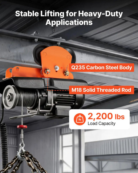Heavy Duty Electric Hoist Trolley Workhorse 1 Ton Capacity With Dual Wheel Push Beam Trolley, Q235 steel, 2200 lbs.