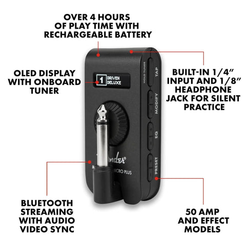 Mustang Micro Plus Headphone Amplifier With Bluetooth Streaming, 25 Amp Models And 25 Effects, compact design with controls
