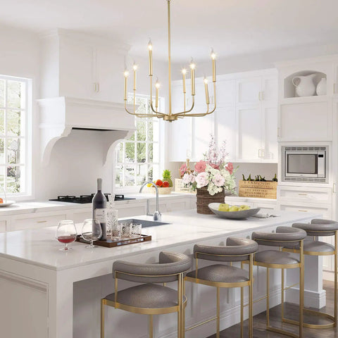 Gold Eight Arm Modern Chandelier With Two Height Options in kitchen setting above island with gray bar stools