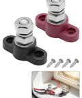 Legit Single Stud Battery Distribution Block With Top Post Layout And 3/8 Inch Threads features black and red terminals with screws.