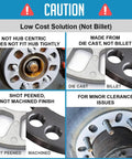 Caution image detailing Heavy Duty Die Cast Wheel Spacers 8mm Thick features and construction, highlighting not hub centric.