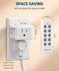 Wireless Control Outlet For Holiday Decor compact design shown with plug and remote dimensions, ideal for space saving.