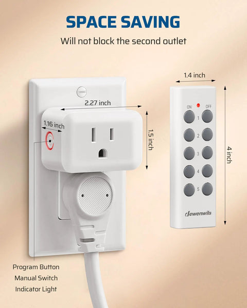 Wireless Control Outlet For Holiday Decor compact design shown with plug and remote dimensions, ideal for space saving.