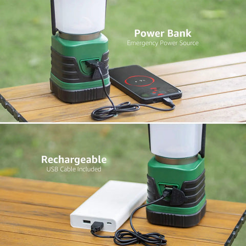 Bright 1000 Lumen Rechargeable Go To Camping Lantern With 4400mAh Power Bank Green LED Tent Light USB charging devices