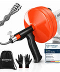 Self Feeding Drill Ready Drain Snake For Kitchen And Bath Clogs Five Zero Foot Heavy Duty Plumbing Auger With No Hand Cranking, showing drain snake kit with gloves.