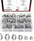 Front view of DYWISHKEY 136-piece 304 stainless steel single-ear hose clamp set in clear storage box, sizes 7–21 mm