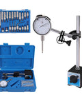 Dial indicator with magnetic base and adjustable long arm, 0–1 in range; blue toolkit case with bits