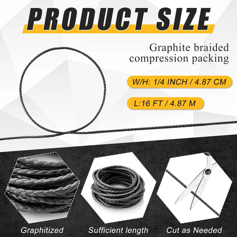 Graphite braided compression packing for pumps and valves, 1/4 in by 1/4 in, 16 ft length