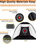 Portable Golf Hitting Net 10x7ft With Durable Fiberglass Frame And Silent Target For Indoor Outdoor Backyard Driving Range Training Set For Golf Lovers with target illustration and materials inset.