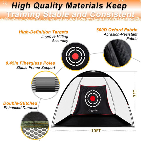 Portable Golf Hitting Net 10x7ft With Durable Fiberglass Frame And Silent Target For Indoor Outdoor Backyard Driving Range Training Set For Golf Lovers with target illustration and materials inset.