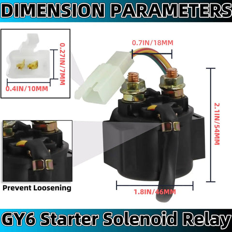 Heavy Duty Starter Solenoid Relay For 4 Stroke GY6 Engines 50cc To 250cc Fits ATV Scooter Dirt Bike Go Kart Quad Moped Pit Bike And Honda Roketa Taotao SunL Coolster SSR Clones Hassle Free Install, black relay with dimensions