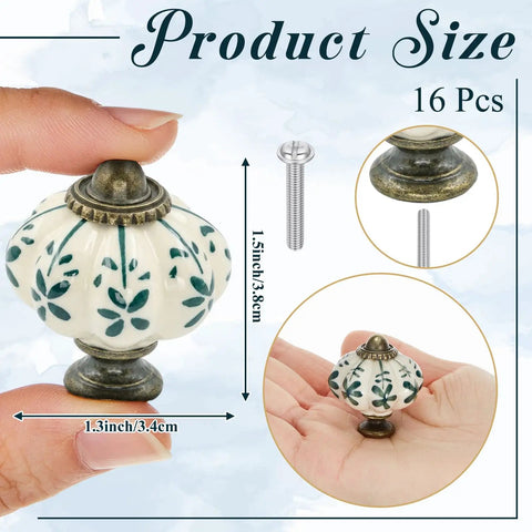 Top Tier Ivory Ceramic Pumpkin Cabinet Knobs Set Of 16 For Kitchen Drawers And Bedroom Furniture With Cute Green Floral Details And Classic Vintage Vibe For Easy Home Makeovers, showing size and detail in hand.