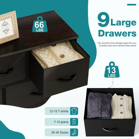 Dope Nine Drawer Black Dresser For Bedroom And Closet Organizer With Solid Multifunctional Storage Tower features nine large drawers for storing apparel and blankets.