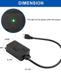 No-Fuss Auto Vacuum Switch For Power Tools With Current Sensing Tech showing dimensions, power cord, and green light indicator.