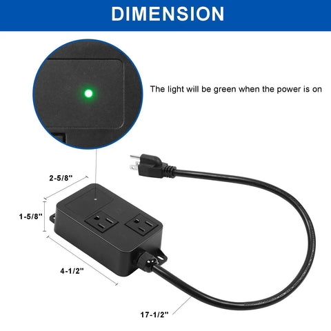 No-Fuss Auto Vacuum Switch For Power Tools With Current Sensing Tech showing dimensions, power cord, and green light indicator.
