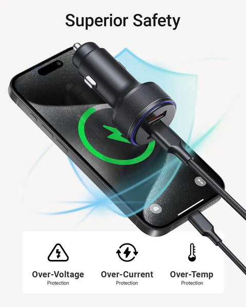 90W Triple Port Car Charger With USB C And A Fast Charge Adapter PD QC Super Speedy Juice Up For iPhone 16 15 Pro Max charging on smartphone.